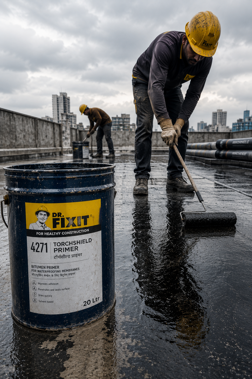 Dr Fixit Torchshield Primer product close up — bitumen primer specifications for APP torch-on waterproofing system India
