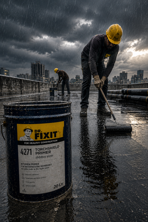 Dr Fixit Torchshield Primer product packaging — bitumen based primer for bituminous waterproofing membrane roof terrace India
