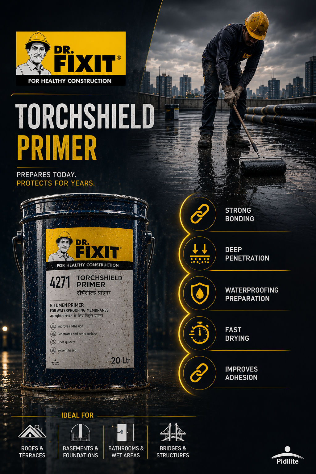 Dr Fixit Torchshield Primer bitumen primer for APP waterproofing membrane systems — surface preparation torch-on application Dr Fixit India
