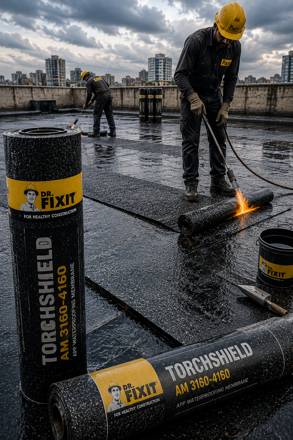 Dr Fixit Torchshield AM 4160 4mm APP bituminous membrane roll — torch-applied basement podium waterproofing Dr Fixit India
