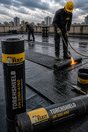 Dr Fixit Torchshield AM 4160 4mm APP bituminous membrane roll — torch-applied basement podium waterproofing Dr Fixit India
