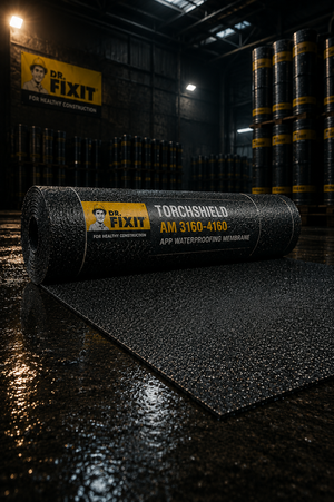 Dr Fixit Torchshield AM 3160-4160 torch application on rooftop — APP bituminous waterproofing membrane seamless bonded layer India
