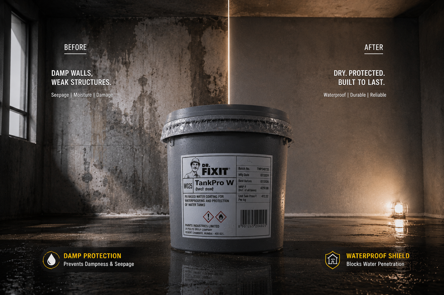 Dr Fixit Tankpro W applied inside RCC overhead water tank — protective waterproofing coating concrete tank sealing India
