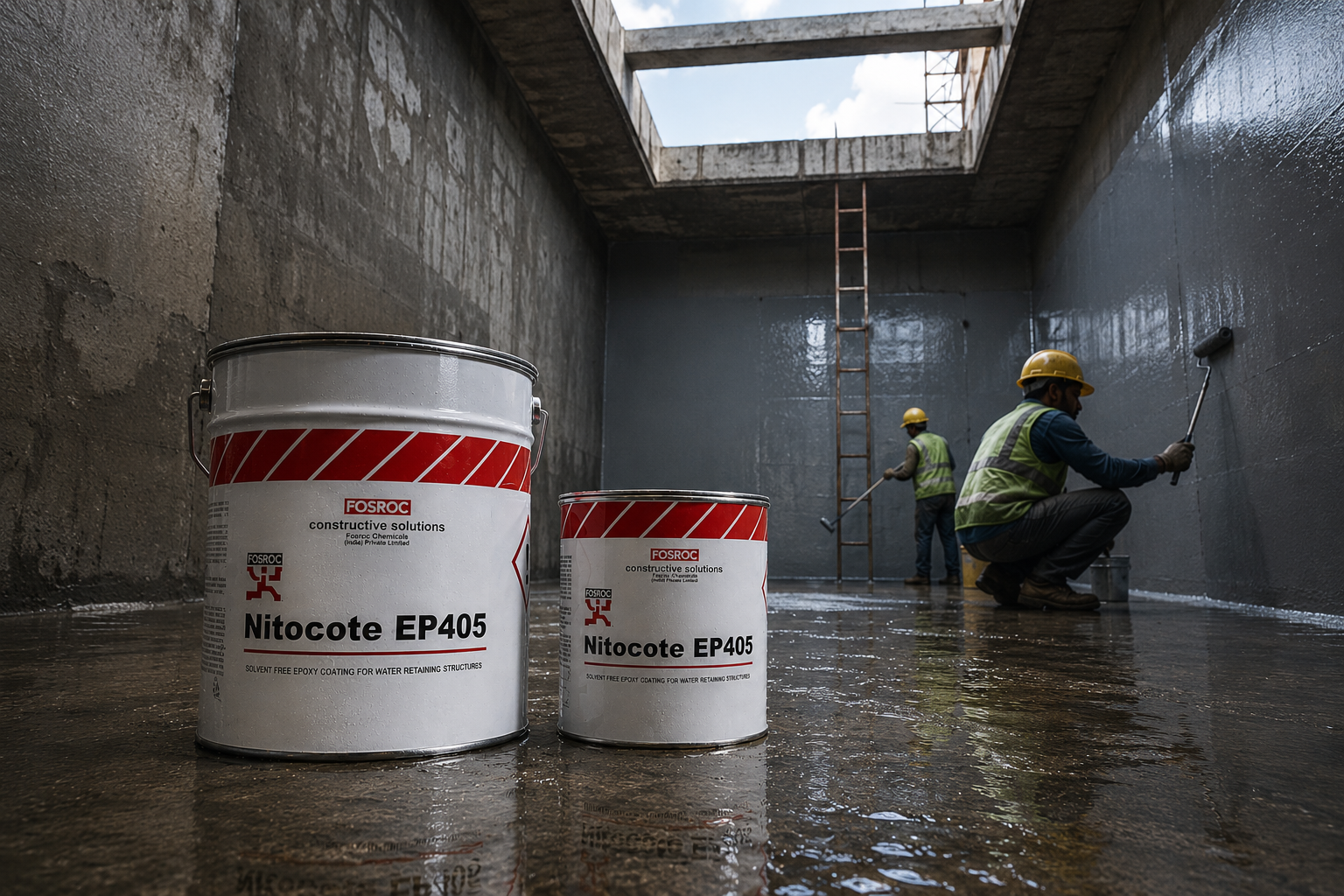 Nitocote EP 405 roller application on industrial concrete floor — two-component epoxy protective coating waterproofing contractors India
