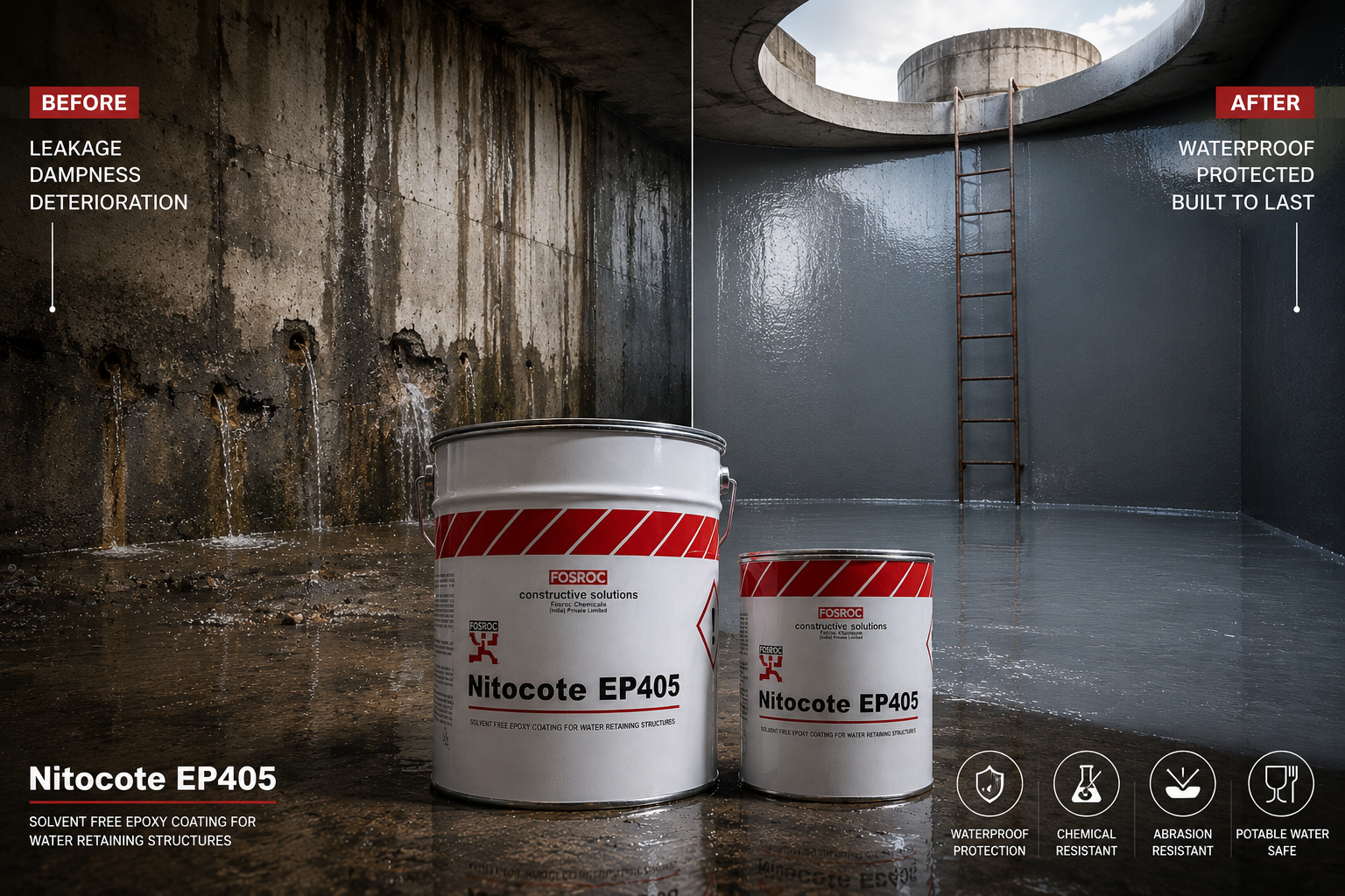 Fosroc Nitocote EP 405 product close up — two-component epoxy protective coating specifications Fosroc India
