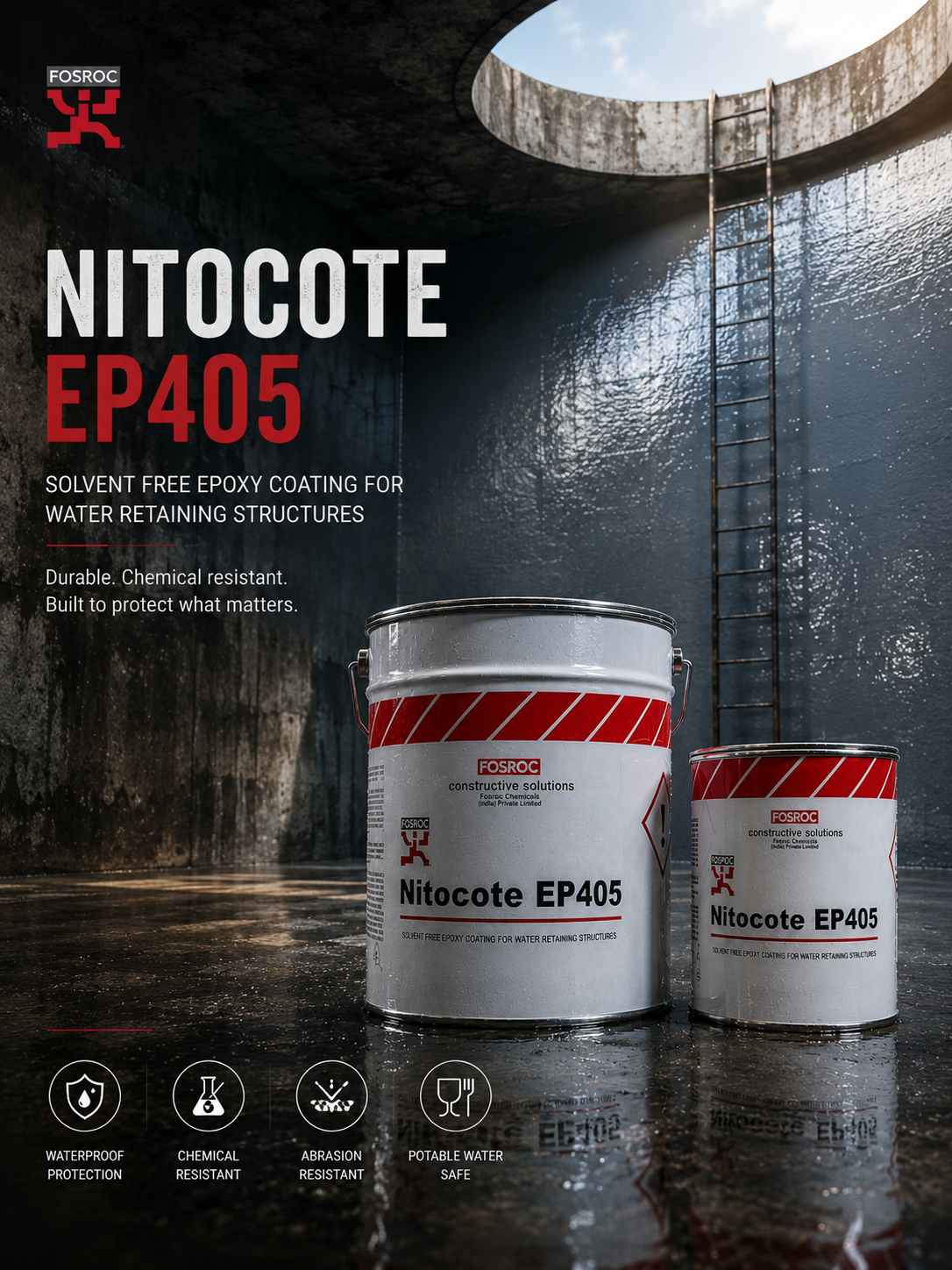 Fosroc Nitocote EP 405 two-component epoxy protective coating — chemical resistant waterproofing for concrete tanks industrial structures India
