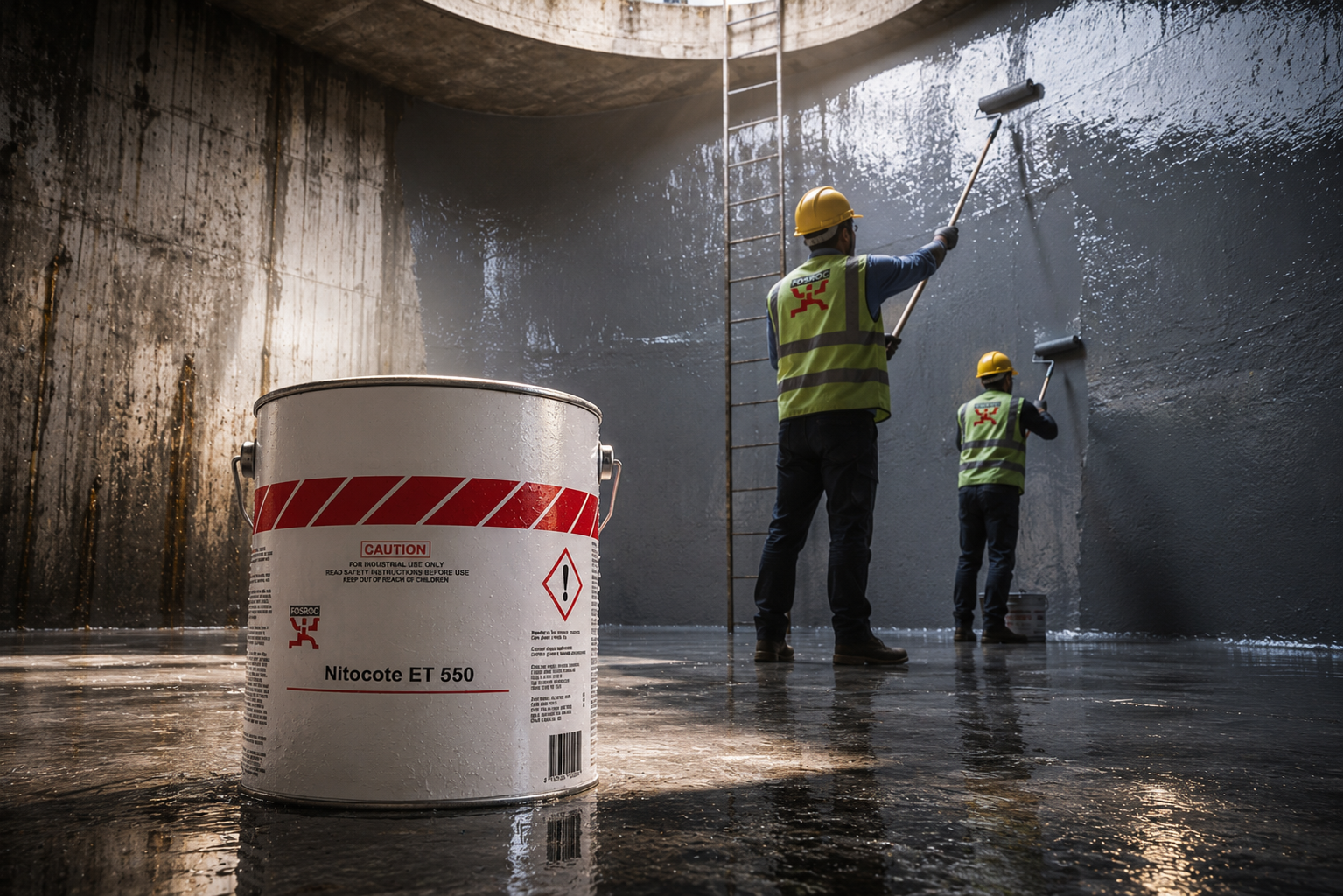 Nitocote ET 550 roller application on industrial concrete structure — two-component epoxy tar protective coating contractors India
