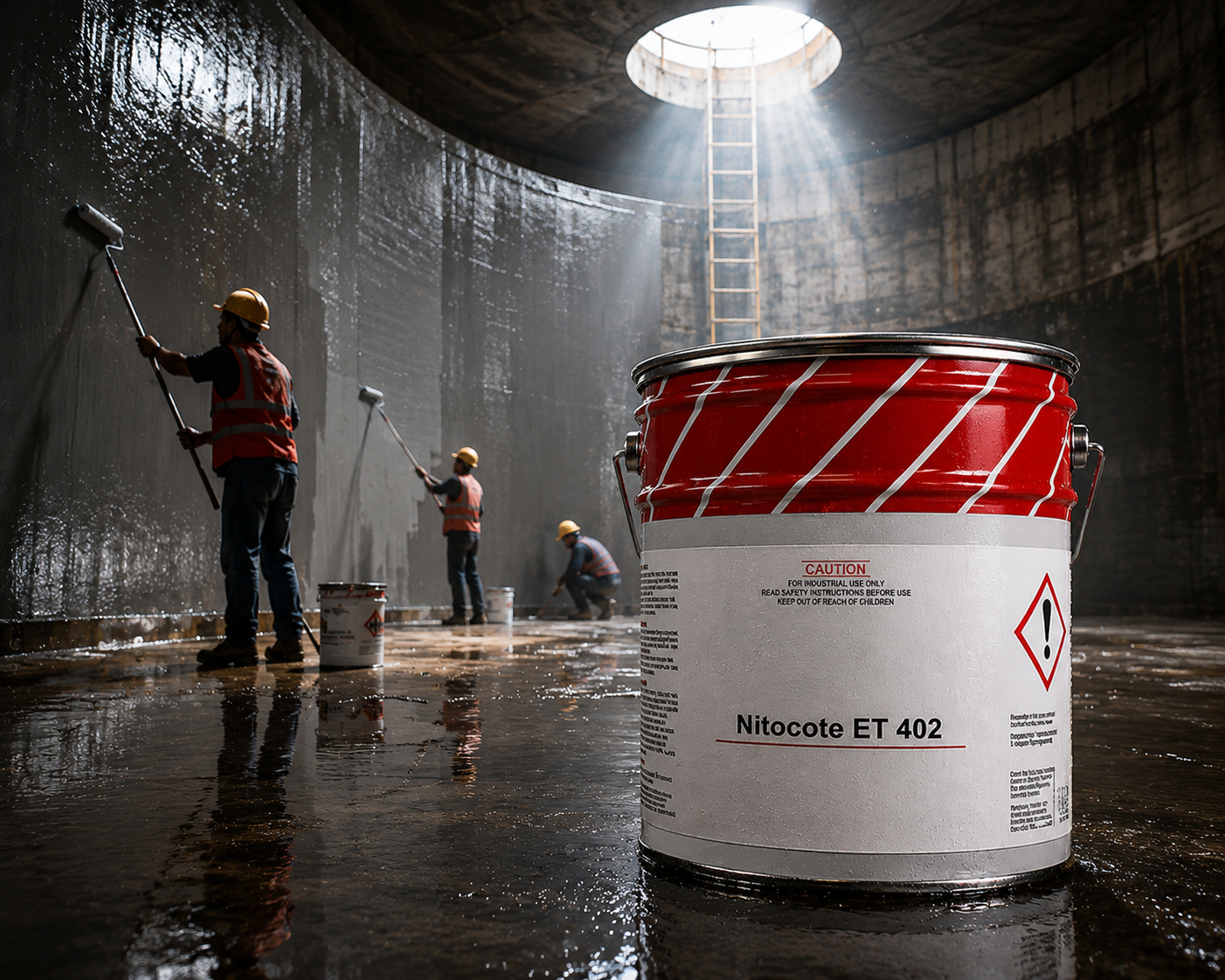 Fosroc Nitocote ET 402 applied on concrete water tank — epoxy tar protective coating chemical resistant waterproofing India
