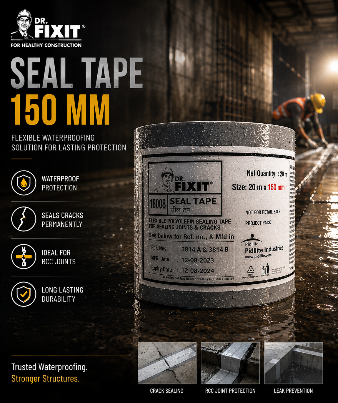 Dr Fixit Seal Tape 150MM TPE joint sealing strip — heavy duty waterproofing tape for expansion movement joints wall floor corners India
