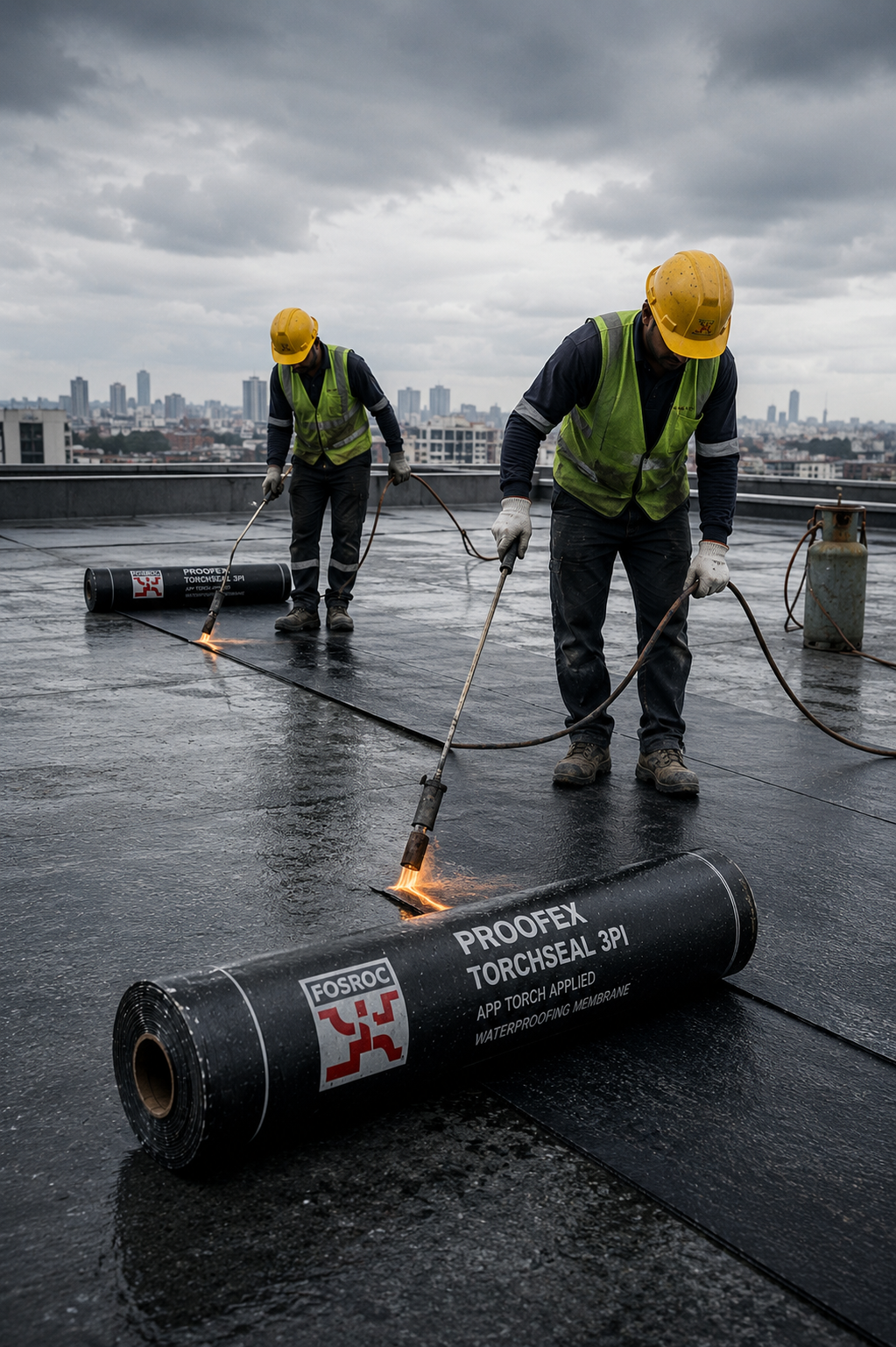 Fosroc Proofex Torchseal 3PI torch application on rooftop — 3mm APP bituminous waterproofing membrane seamless bonded layer India
