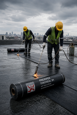 Fosroc Proofex Torchseal 3PI torch application on rooftop — 3mm APP bituminous waterproofing membrane seamless bonded layer India
