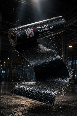 Fosroc Proofex Torchseal 3PI installation on basement — polyester reinforced APP bitumen waterproofing membrane contractors India
