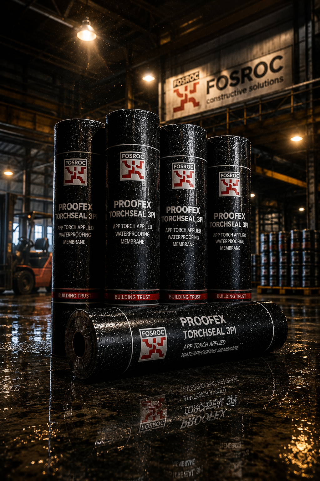 Fosroc Proofex Torchseal 3PI product close up roll — 3mm polyester reinforced APP bituminous waterproofing membrane Fosroc India
