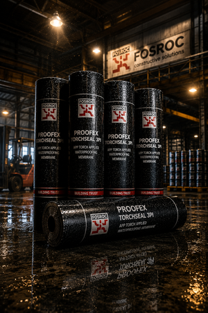 Fosroc Proofex Torchseal 3PI product close up roll — 3mm polyester reinforced APP bituminous waterproofing membrane Fosroc India
