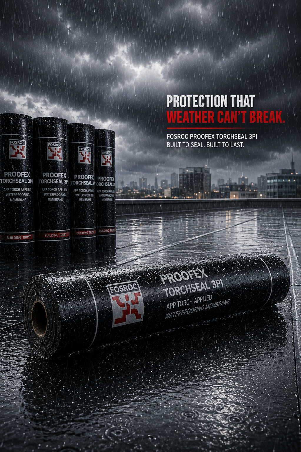 Fosroc Proofex Torchseal 3PI waterproofing solution — APP bitumen membrane for roof terrace basement structural waterproofing India
