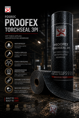 Fosroc Proofex Torchseal 3PI 3mm polyester reinforced APP bituminous waterproofing membrane roll — torch-applied bitumen waterproofing Fosroc India
