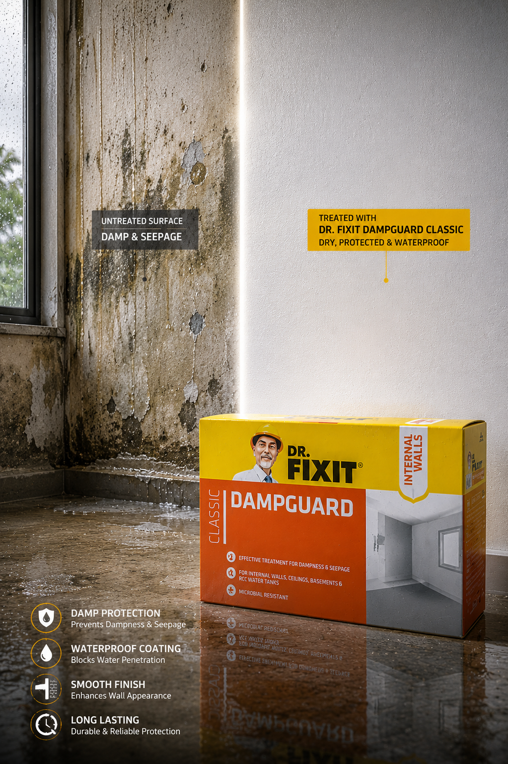 Dr Fixit Dampguard Classic applied on internal damp wall — epoxy damp-proof coating stops wall seepage peeling paint India
