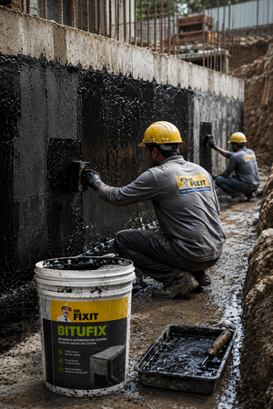 Dr Fixit Bitufix brush application on retaining wall — bitumen waterproofing protective coating for contractors India

