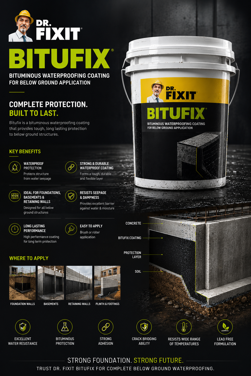 Dr Fixit Bitufix product close up — bituminous protective waterproofing coating specifications Dr Fixit India
