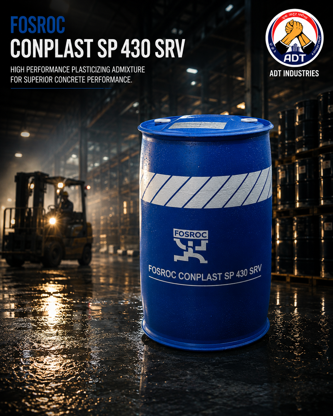 Fosroc Conplast SP430 SRV product packaging — SNF slump retention superplasticizer admixture for ready-mix concrete Fosroc India
