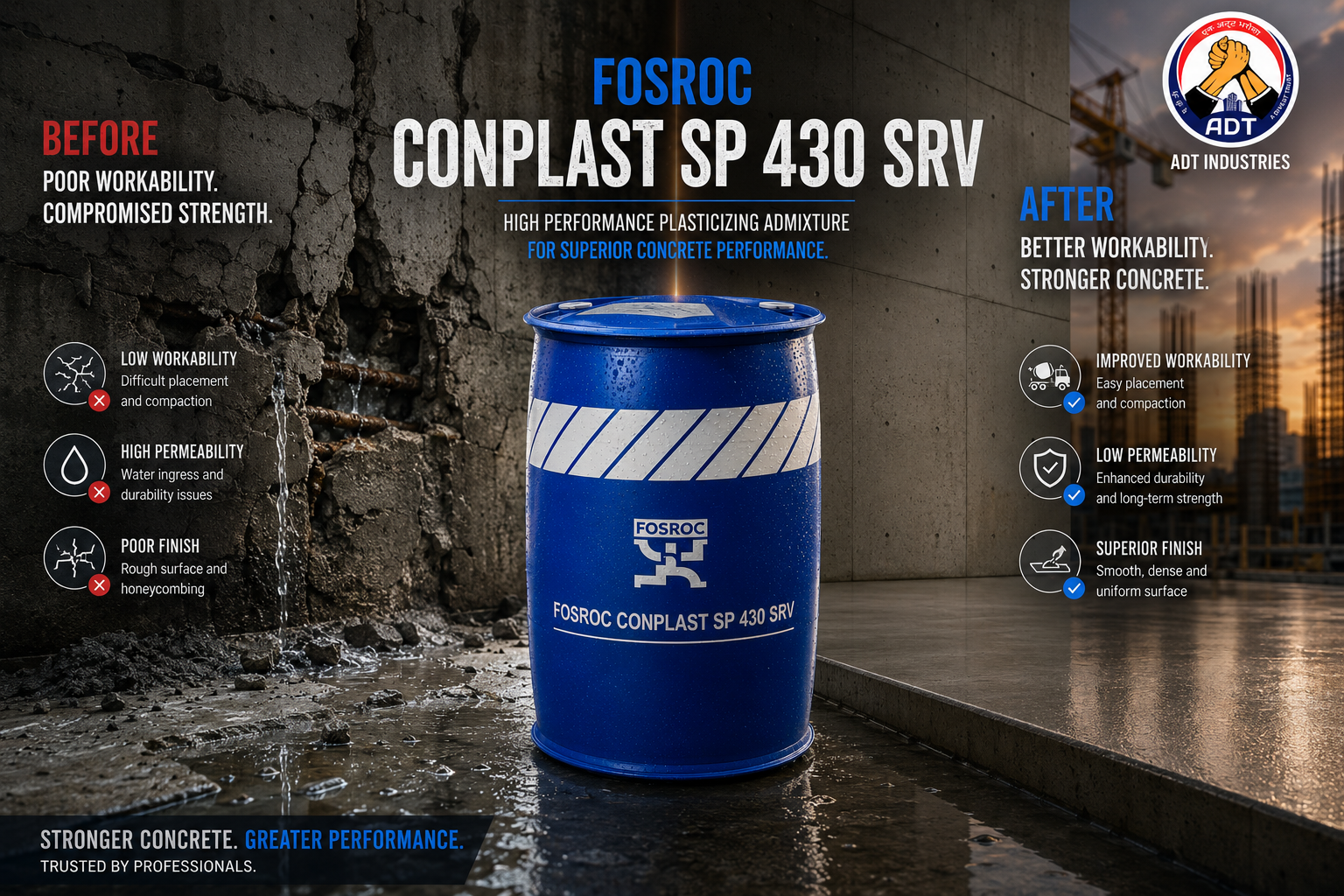 Fosroc Conplast SP430 SRV added to concrete mix — slump retaining SNF superplasticizer extended workability hot weather India
