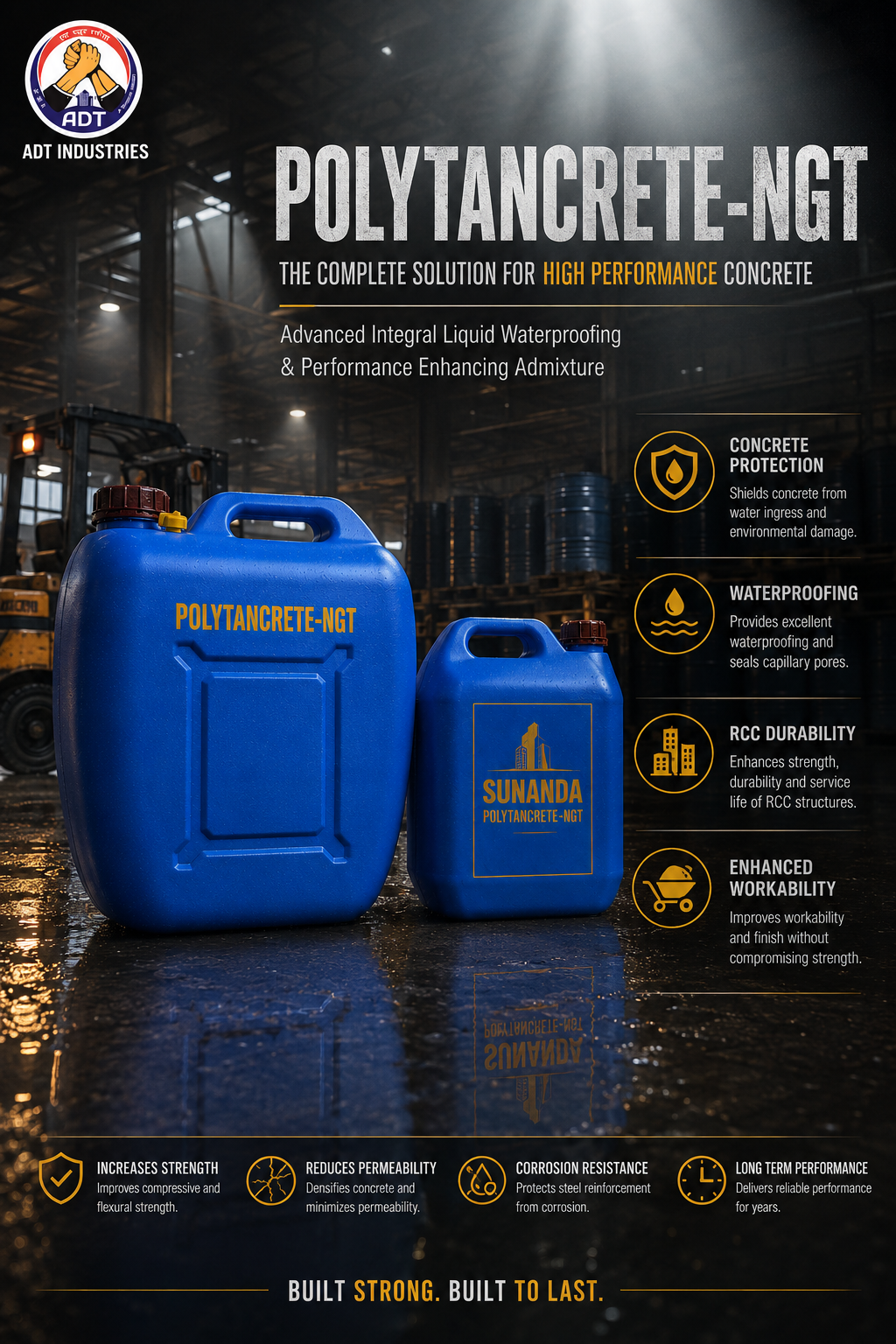 Polytancrete NGT SNF superplasticizer concrete admixture — high range water reducer workability strength Sunanda Speciality Coatings India
