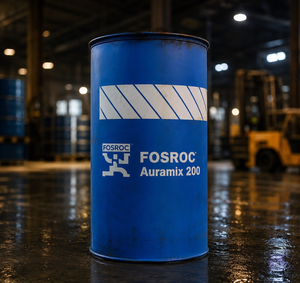 Fosroc Auramix 200 product packaging — low PC polycarboxylate superplasticizer admixture for structural ready-mix concrete India
