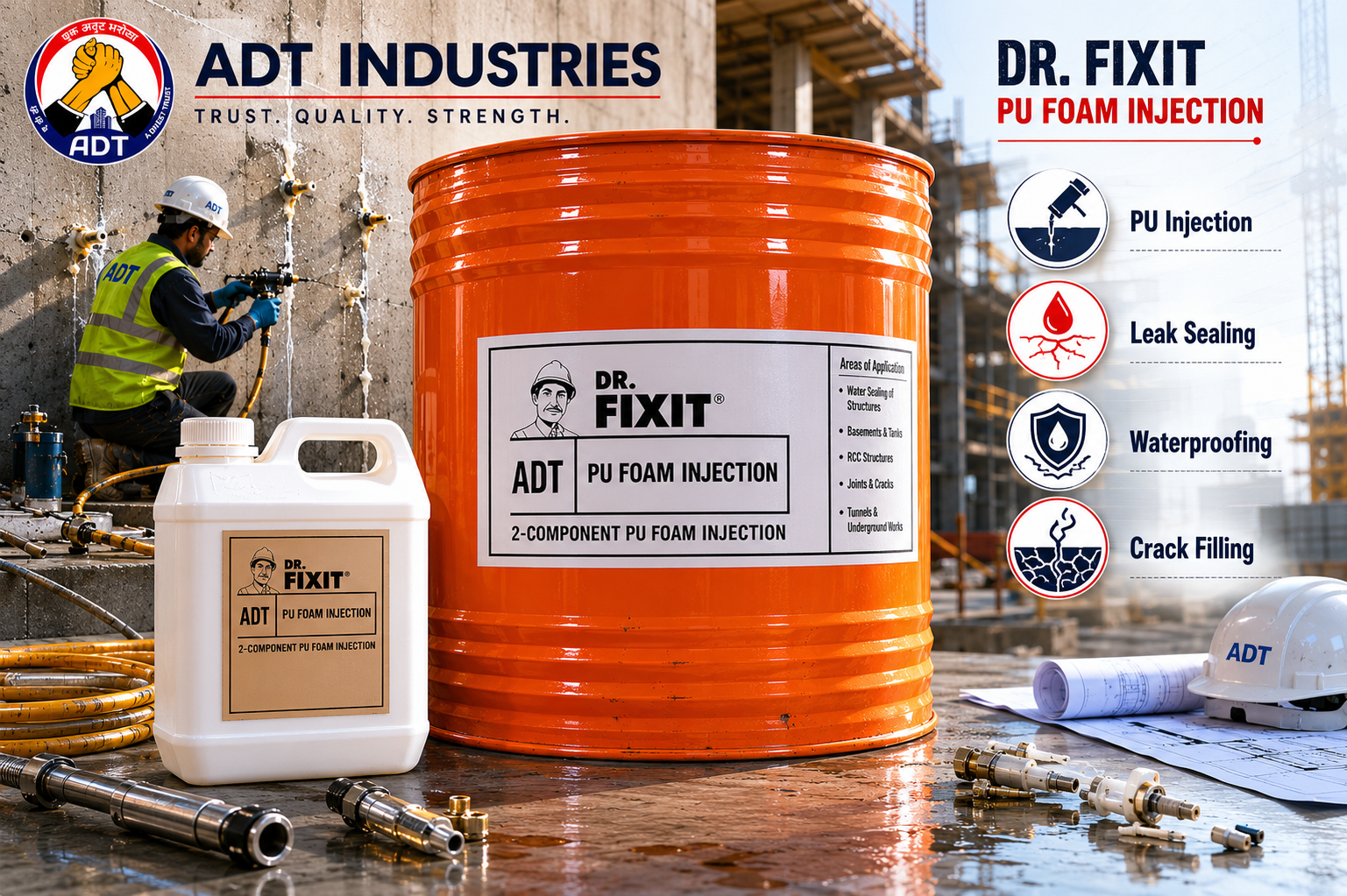 Dr. Fixit PU Foam Injection polyurethane foam injection grout — active water leakage stopping void filling concrete structures India