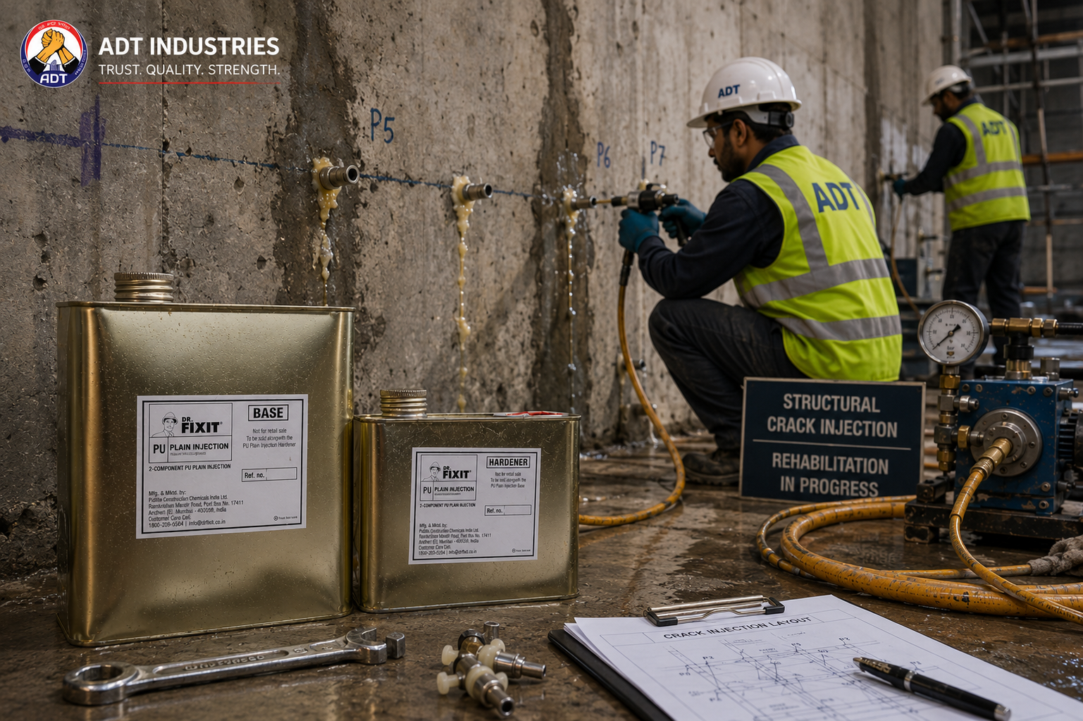 Below-grade basement wall crack sealed with Dr. Fixit PU Plain Injection — flexible polyurethane injection grout elastic movement accommodation India
