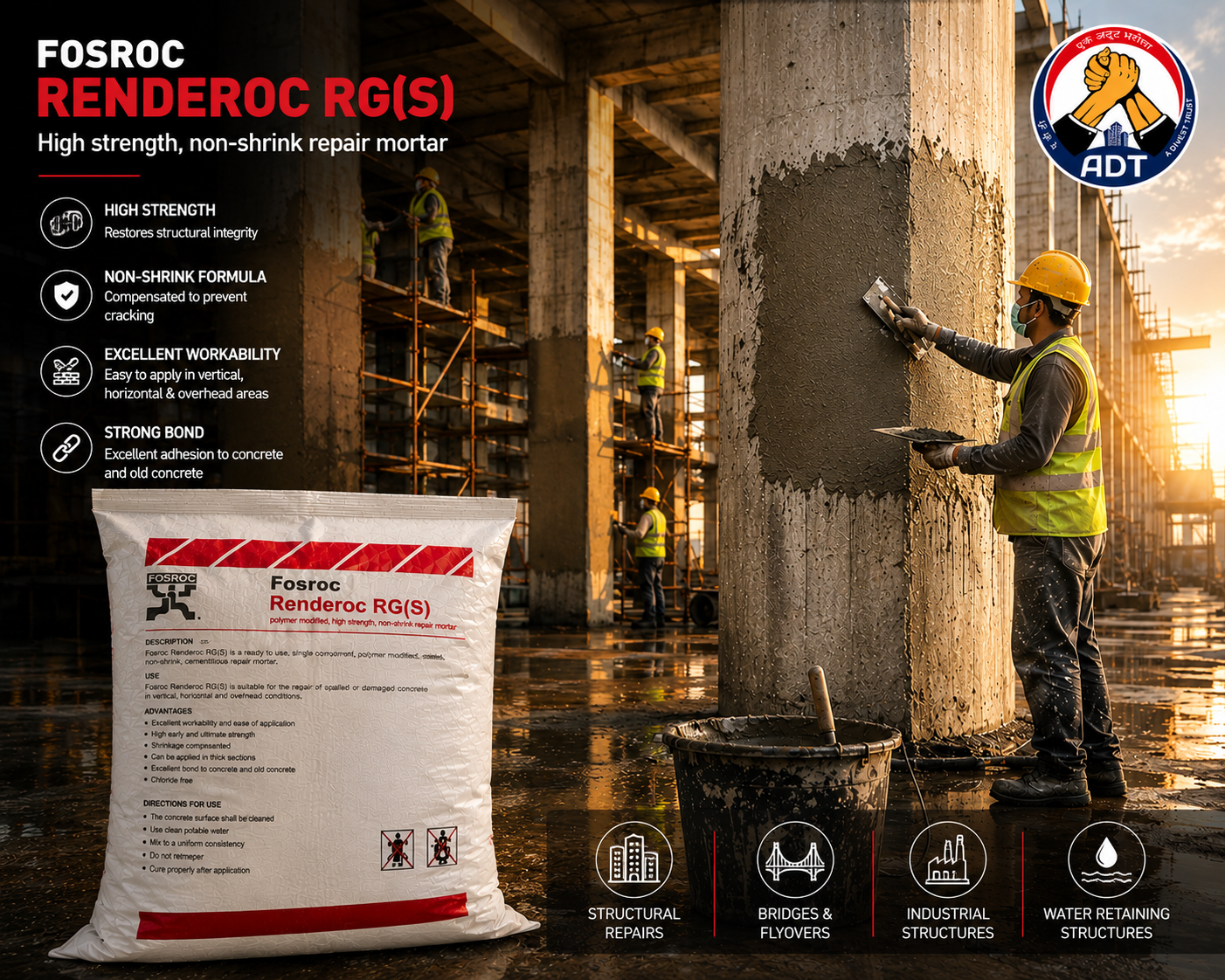 FOSROC RENDEROC RGS construction chemical — stiff repair micro concrete vertical overhead concrete repair non-sag durable India