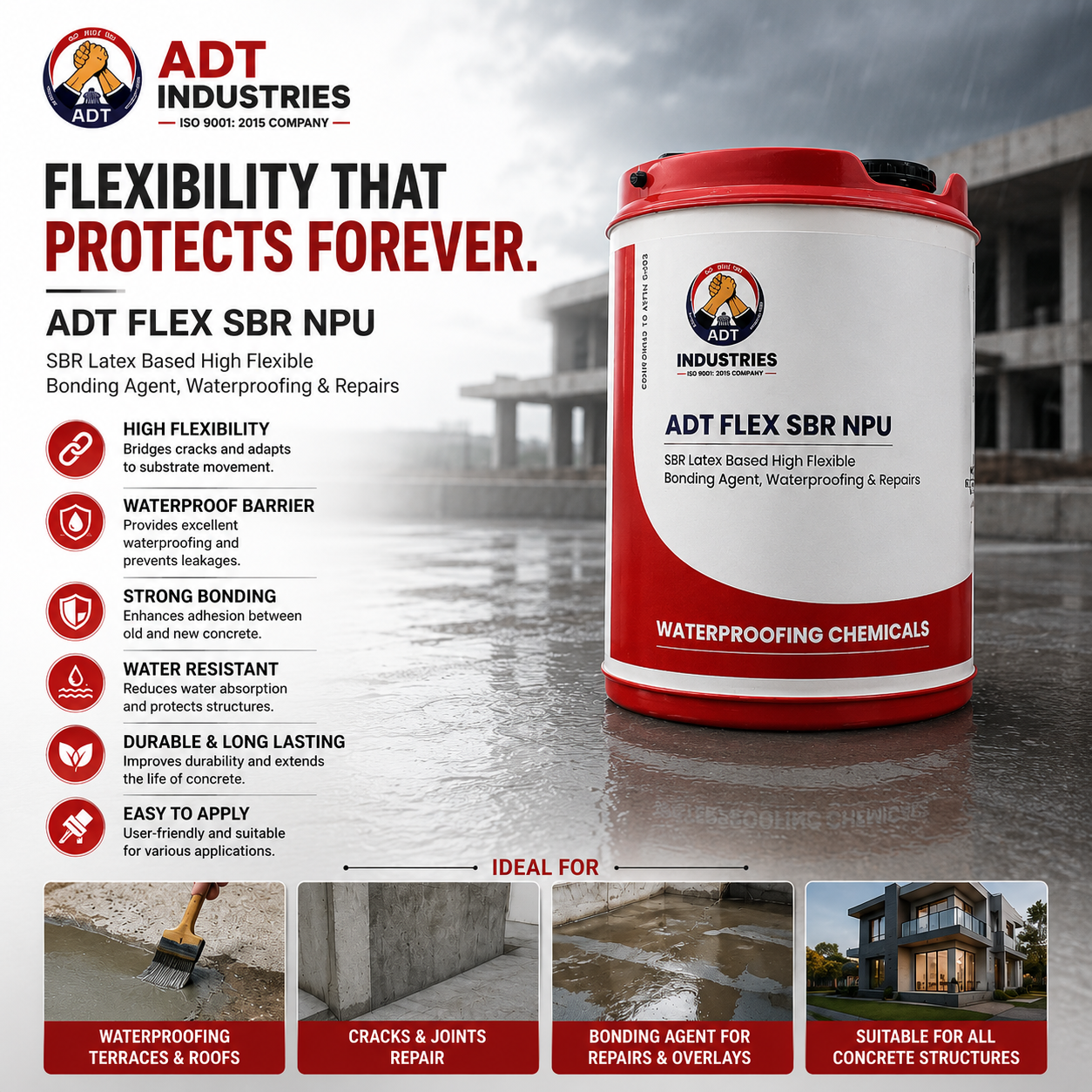 ADT Flex SBR NPU SBR latex bonding agent and waterproofing compound infographic for concrete repairs
