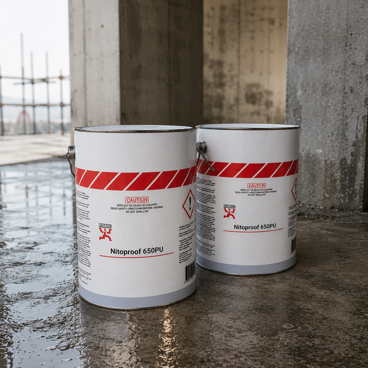Fosroc Nitoproof 650 PU waterproof coating cans on construction site

