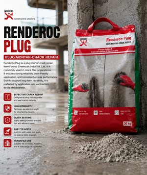 Renderoc Plug rapid-setting plug mortar infographic showing features and uses

