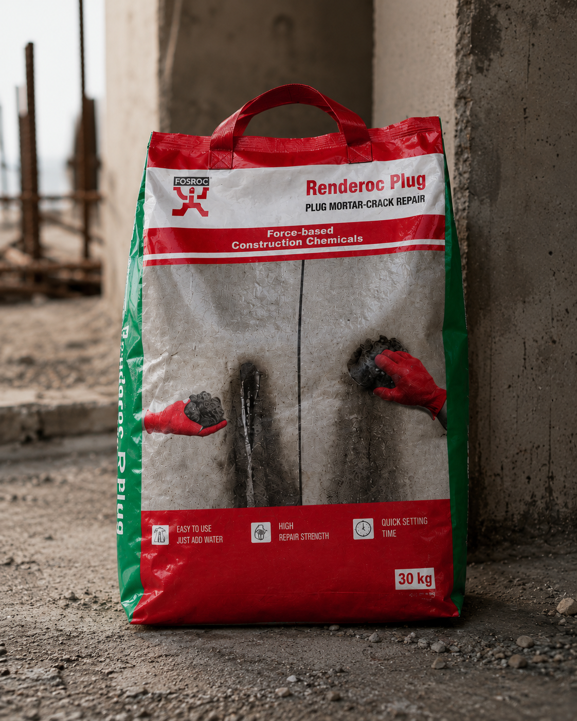 Renderoc Plug rapid-setting plug mortar 30kg bag on construction site

