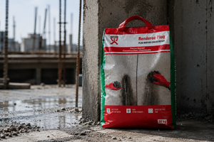 Renderoc Plug rapid-setting plug mortar 30kg bag leaning against concrete pillar

