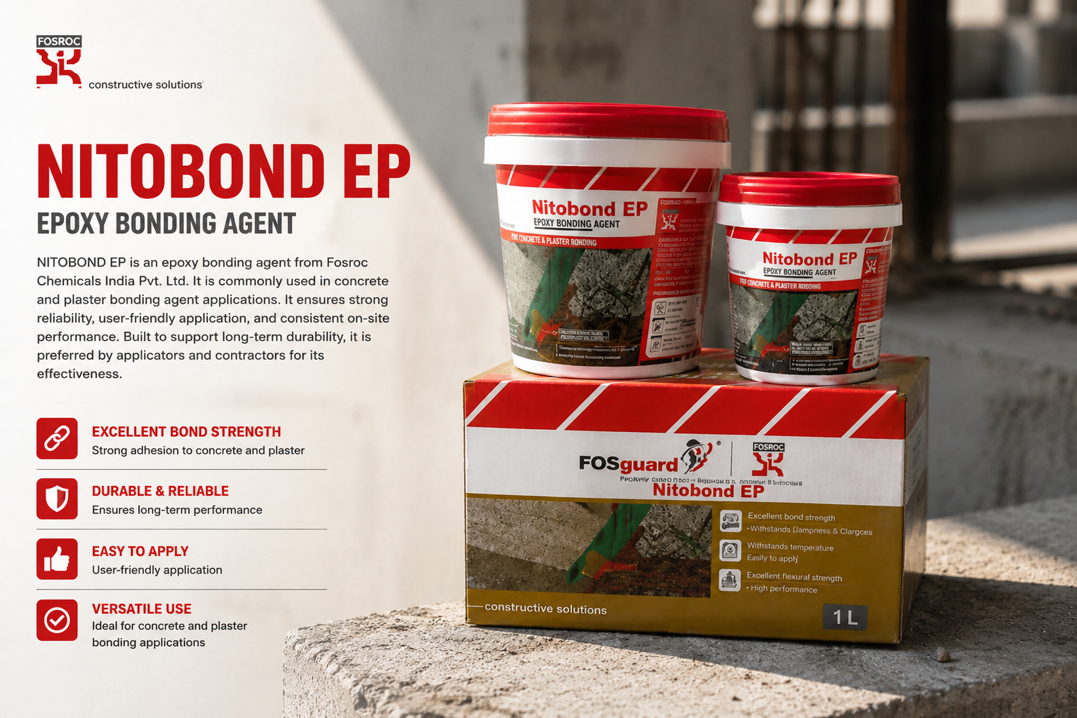 Fosroc Nitobond EP epoxy bonding agent infographic showing features and uses

