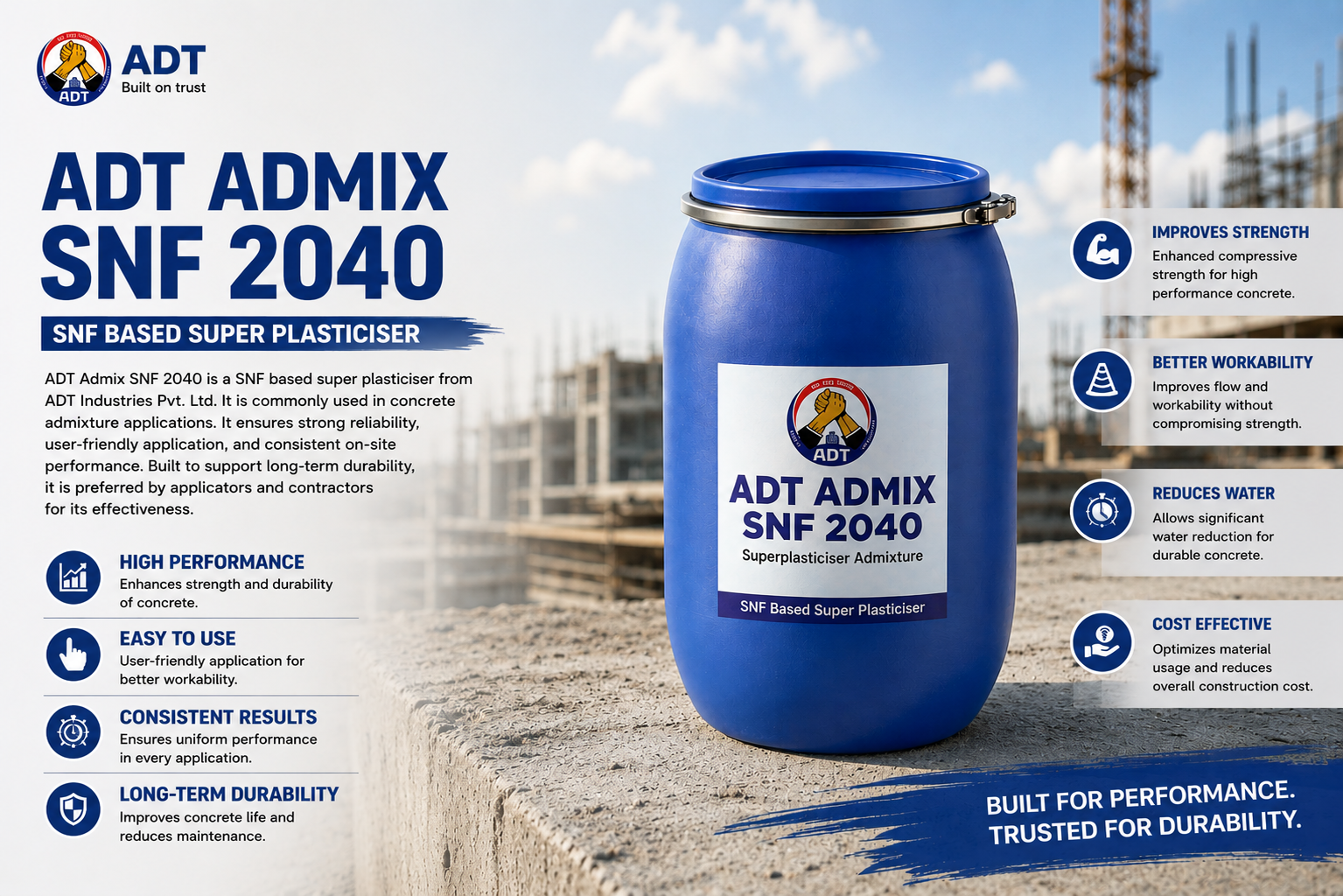ADT Admix SNF 2040 SNF-based superplasticiser infographic showing features and uses

