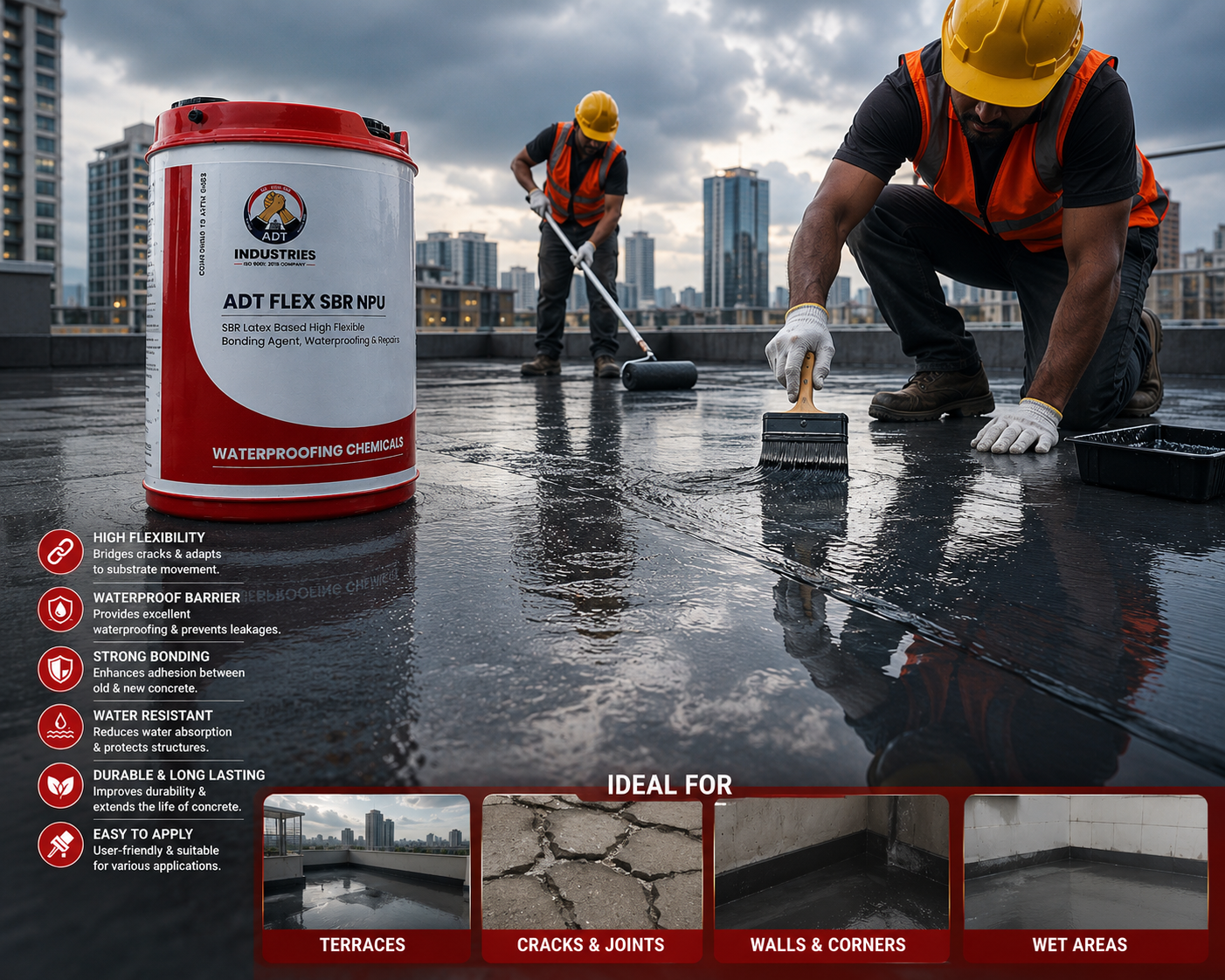 ADT Flex SBR NPU waterproofing compound applied on rooftop by workers

