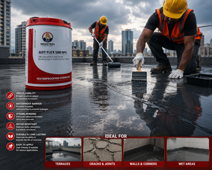 ADT Flex SBR NPU waterproofing compound applied on rooftop by workers

