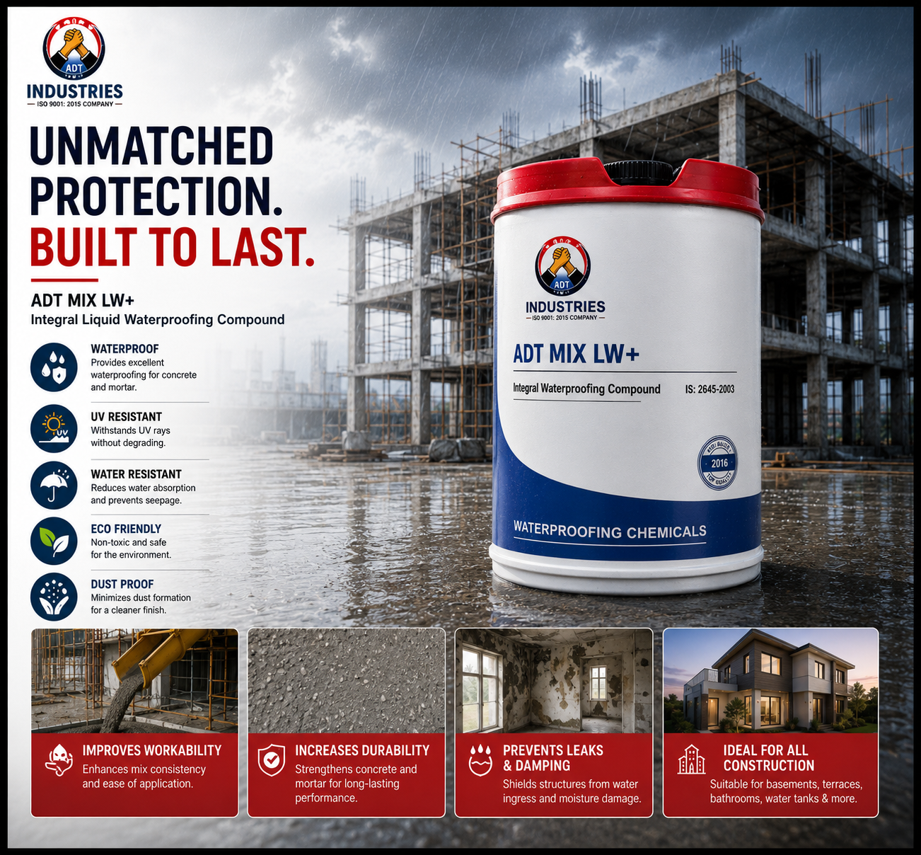 ADT Mix LW+ integral waterproofing compound infographic showing waterproof, UV resistant and anti-seepage features.
