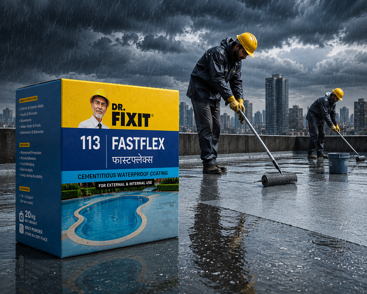 Dr. Fixit Fastflex cementitious waterproofing coating — strong flexible surface protection that lasts monsoon after monsoon




