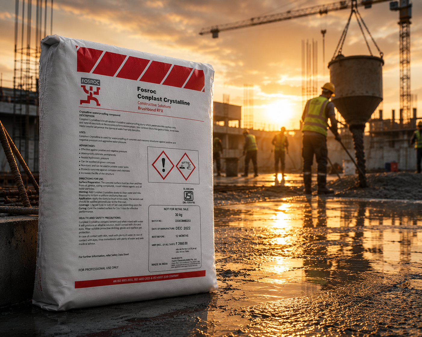Fosroc Conplast Crystalline — cement-based crystalline waterproofing chemical that permanently seals capillary pores and micro-cracks in concrete





