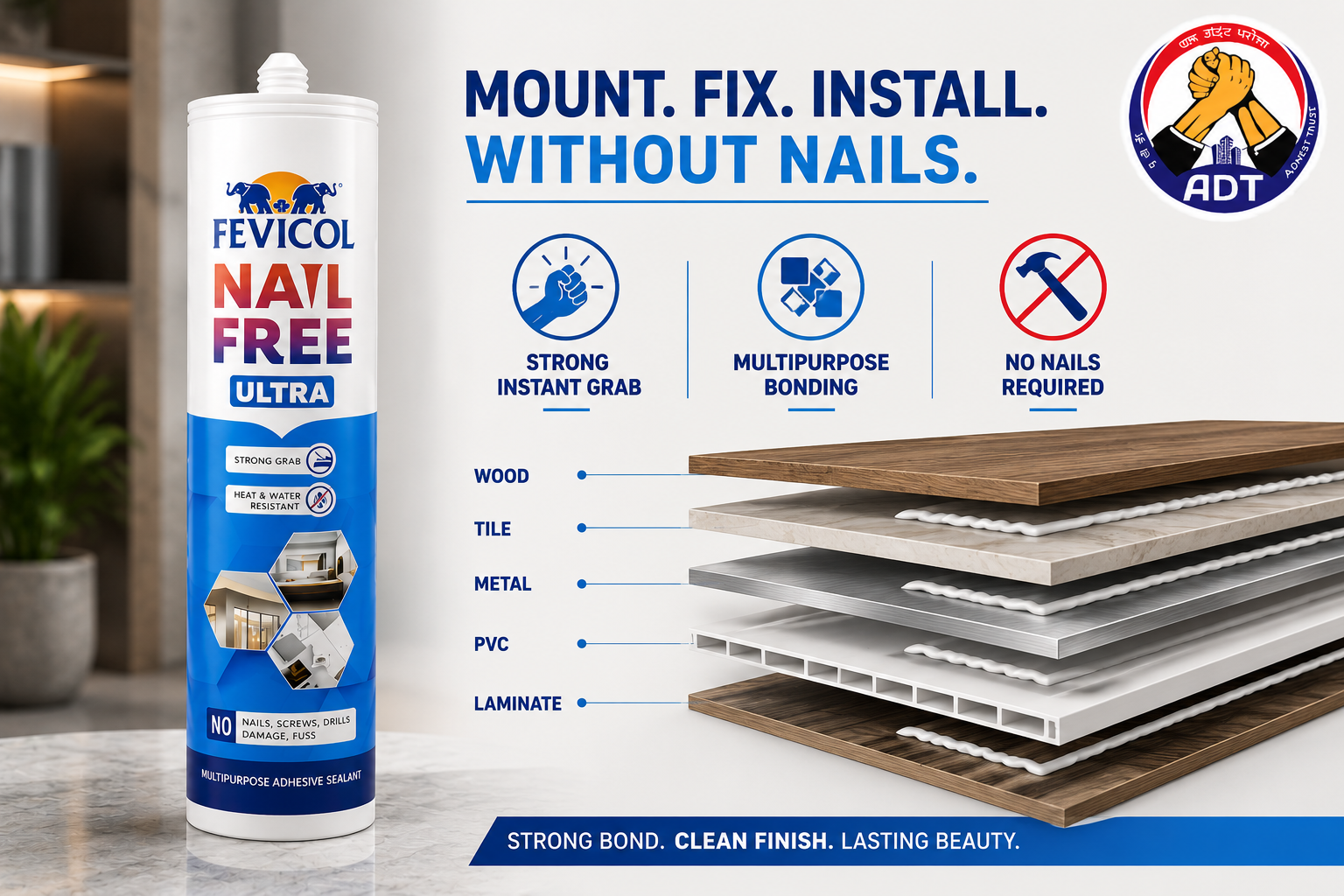 Feviseal Nail Free Ultra bonding an ACP panel to a wall without nails