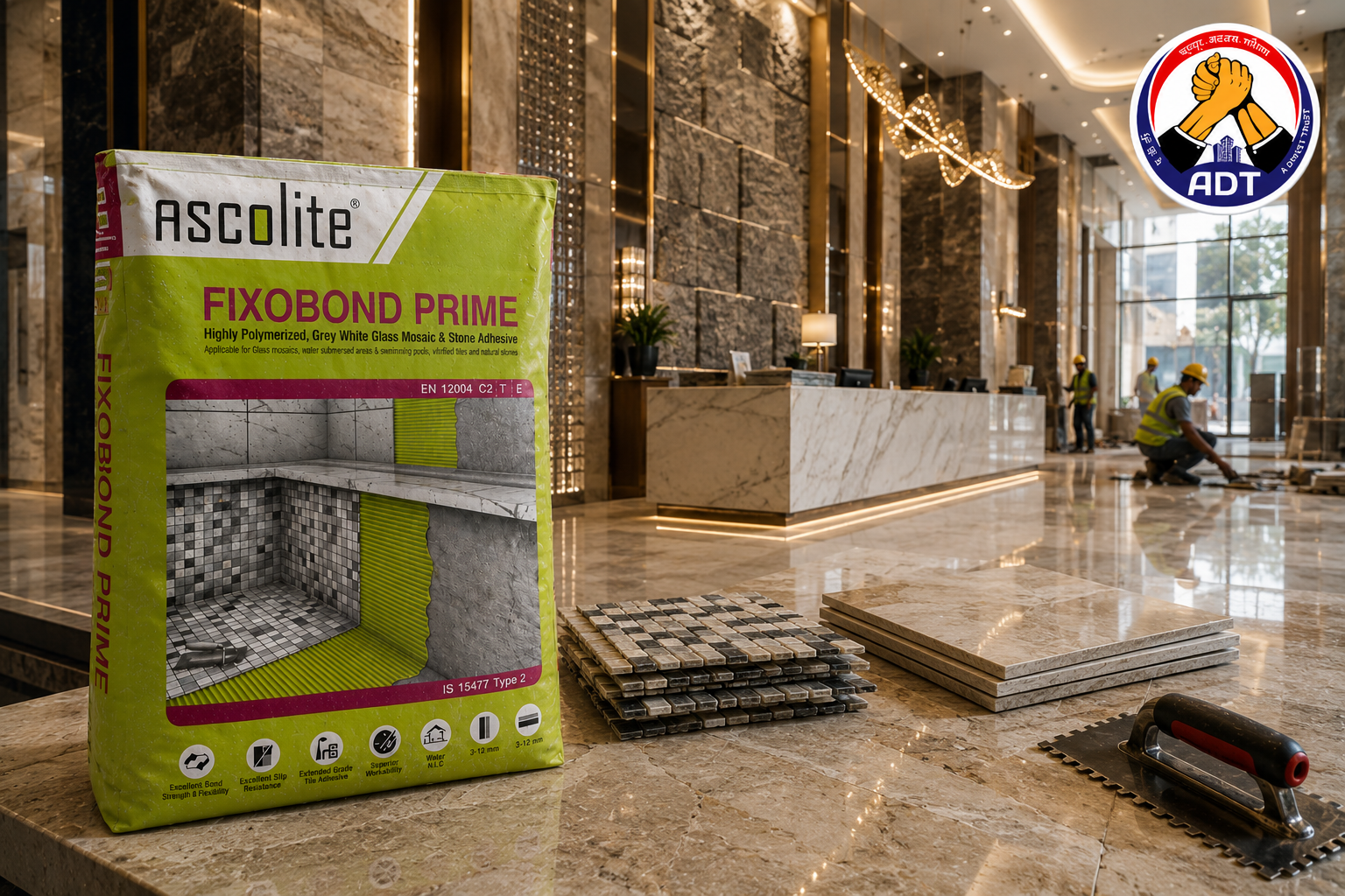 Ascolite Fixobond Prime non-slip adhesive holding a large stone tile