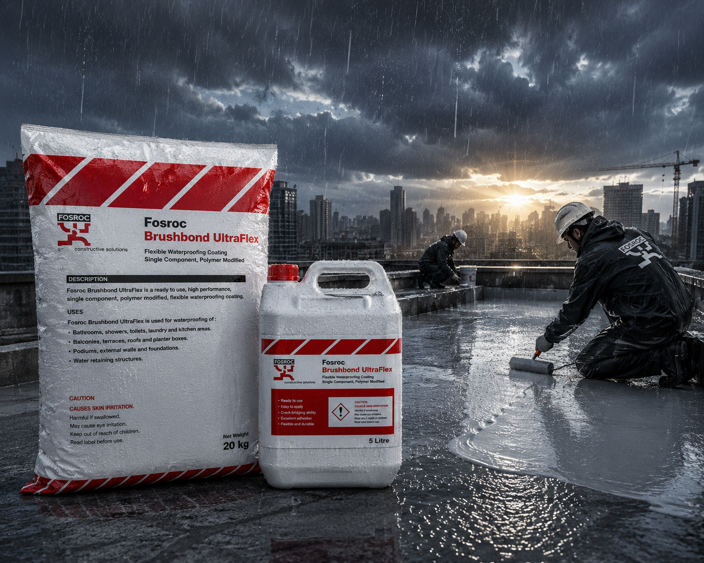 Fosroc Brushbond RFX UltraFlex — high-elongation acrylic polymer-modified waterproofing chemical that bridges shrinkage cracks and tolerates structural movement




