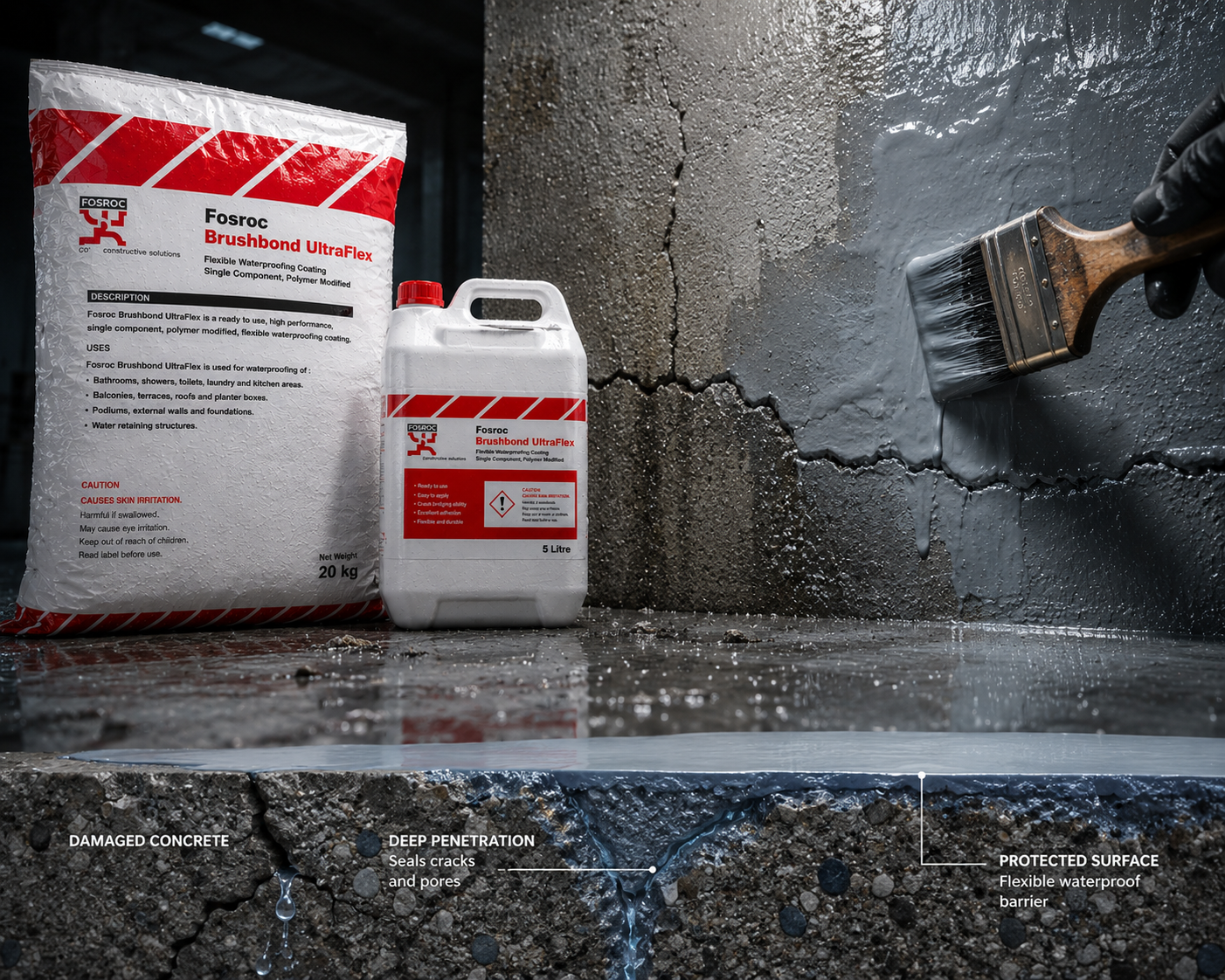 Fosroc Brushbond RFX UltraFlex — versatile cementitious waterproofing coating applied via brush, roller or spray on damp substrates without priming




