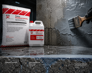 Fosroc Brushbond RFX UltraFlex — versatile cementitious waterproofing coating applied via brush, roller or spray on damp substrates without priming




