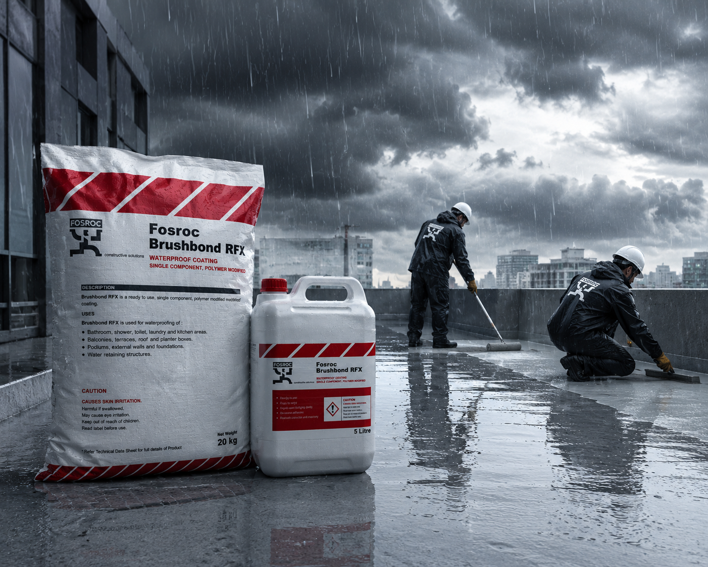 Fosroc Brushbond RFX — flexible polymer-modified cementitious waterproofing chemical that seals micro-cracks and surface pores




