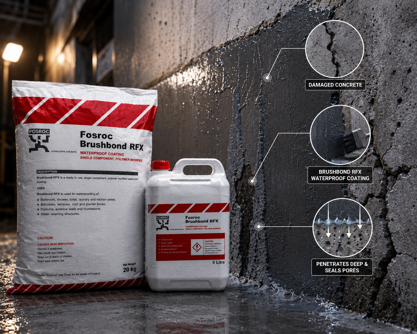 Brushbond RFX by Fosroc — brush-applied cementitious waterproofing system for roof, terrace, basement, bathroom and water tank applications




