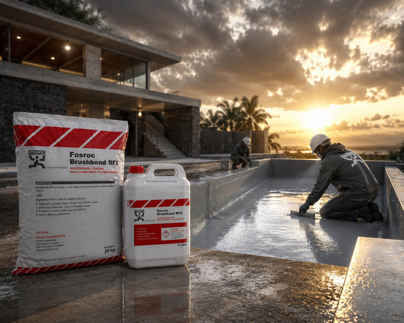 Fosroc Brushbond RFX — tough impermeable waterproof membrane that accommodates structural movement and thermal expansion on cementitious surfaces




